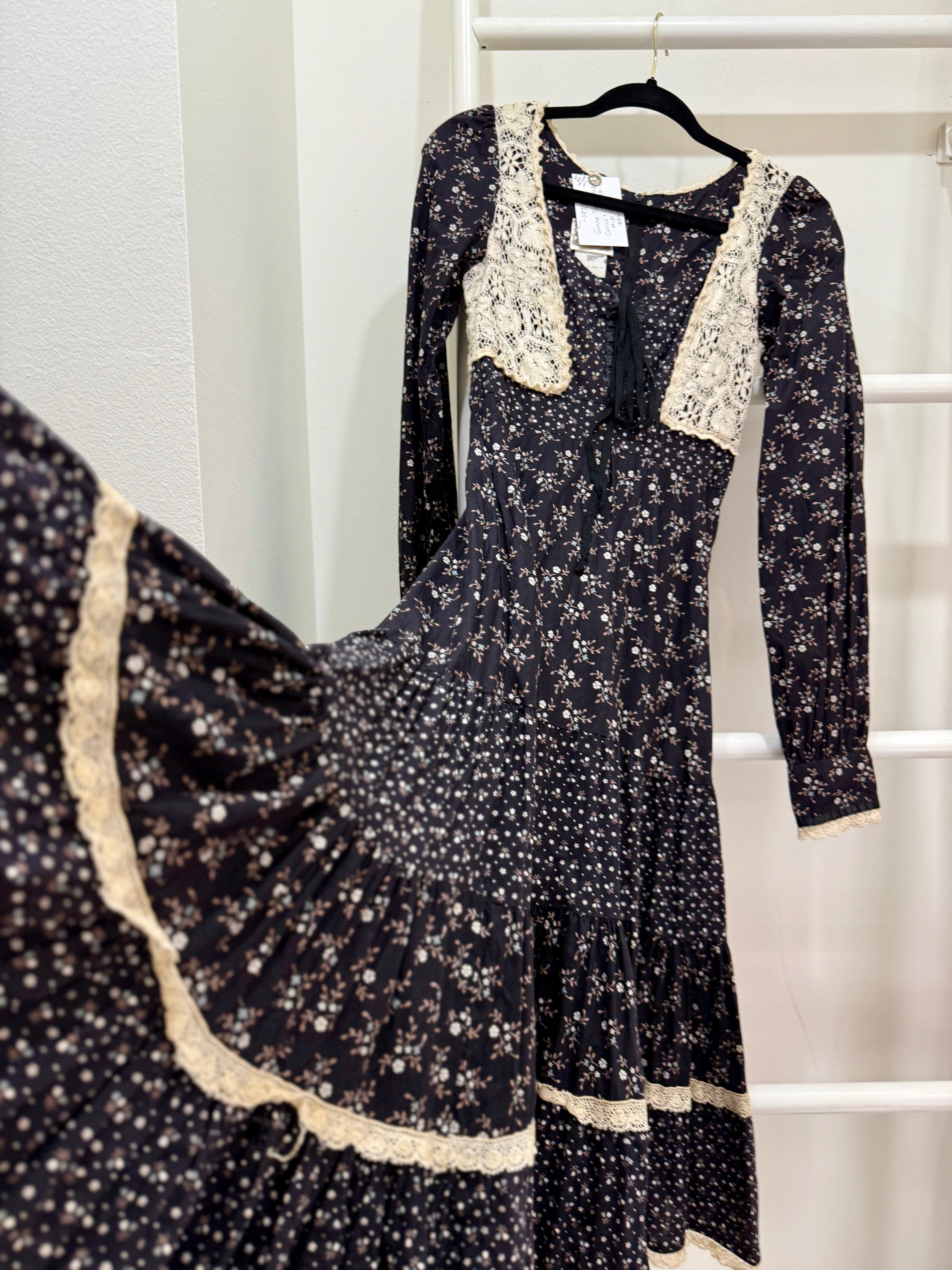 1970s Gunne Sax Black Calico & Crochet Midi Dress