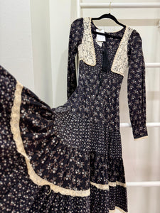 1970s Gunne Sax Black Calico & Crochet Midi Dress