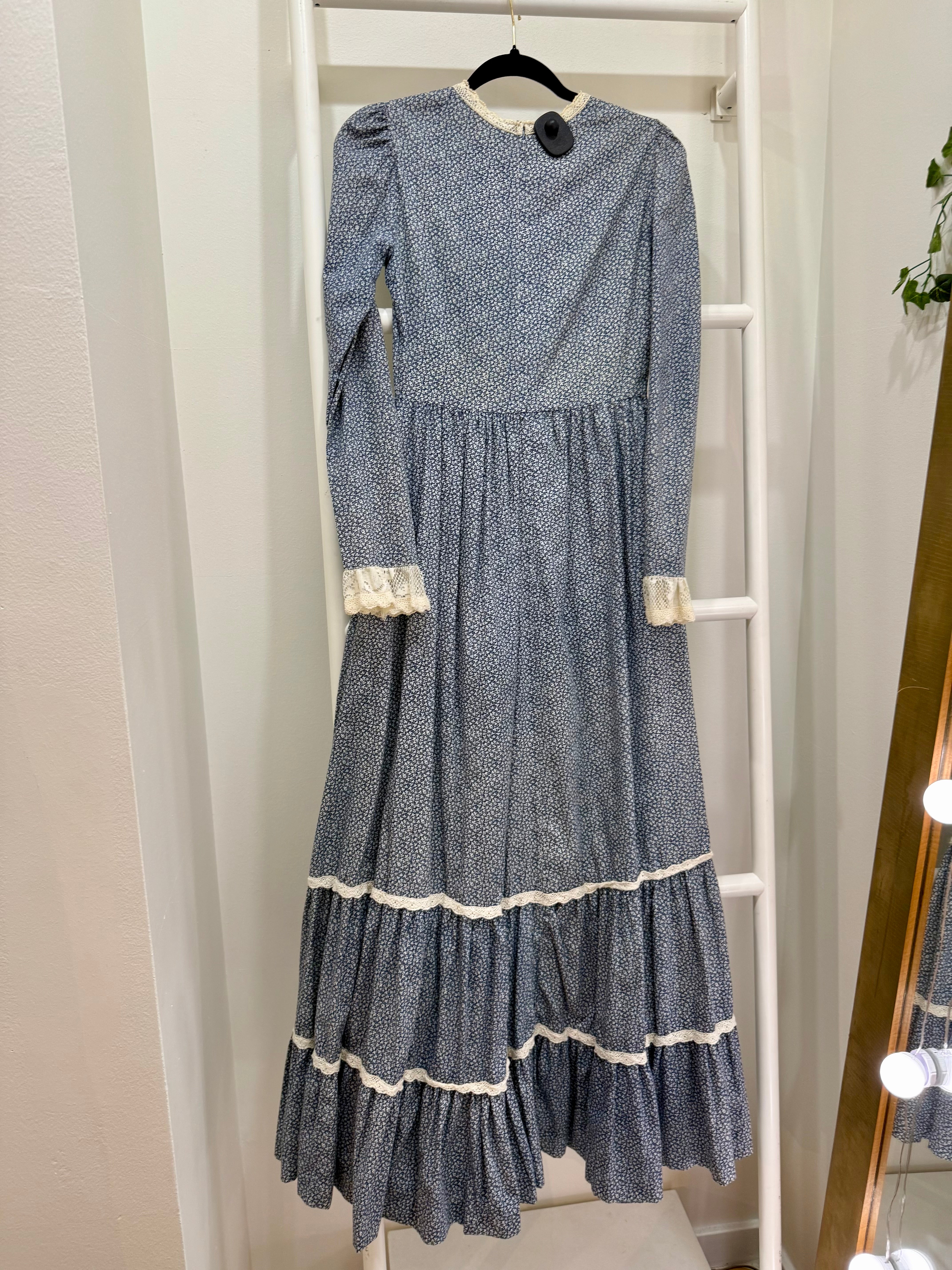 1970s Gunne Sax Blue Calico Bicentennial Maxi Dress