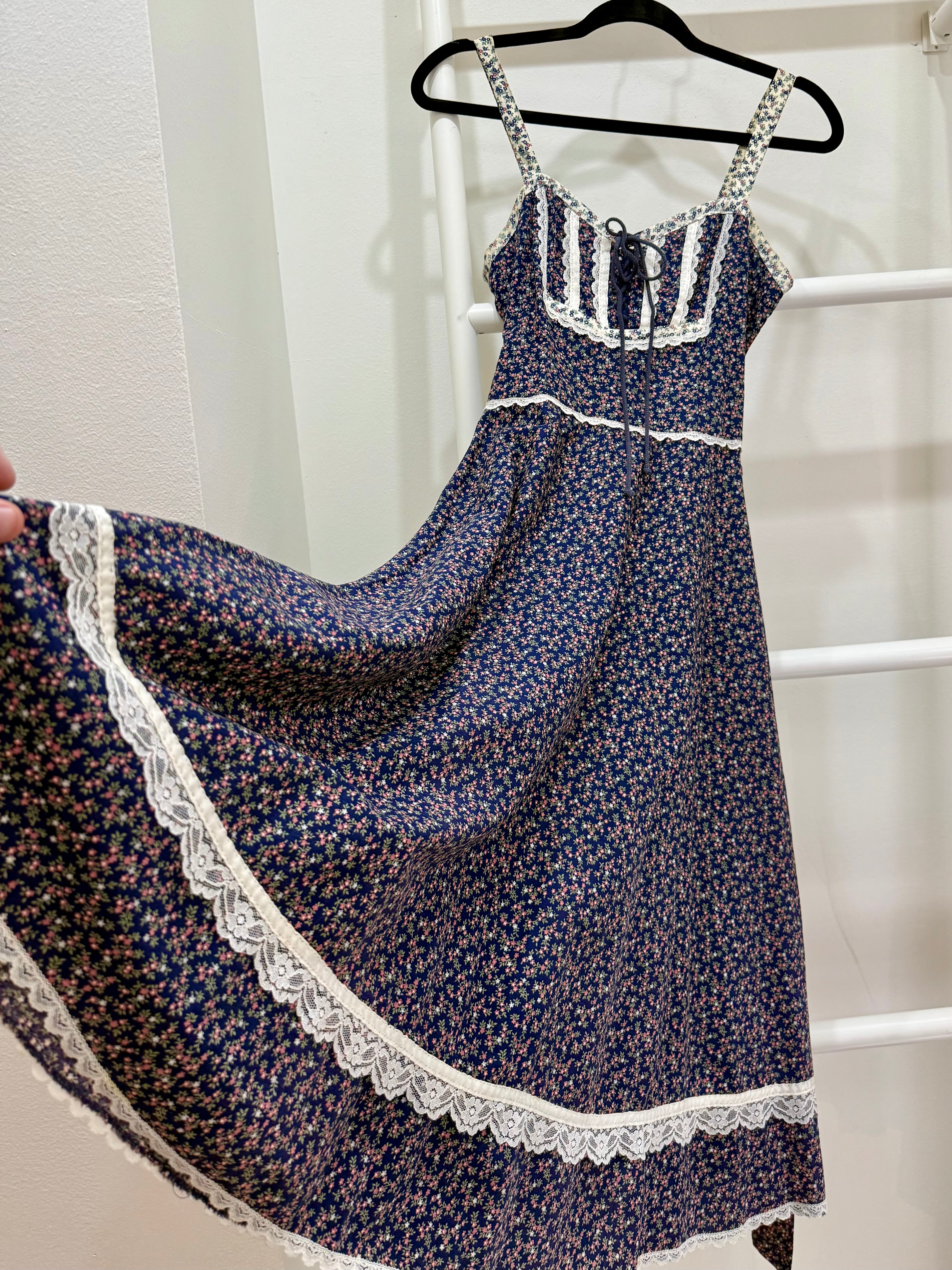 1970s Gunne Sax Navy Calico Sun Dress & Jacket Ensemble