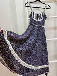 1970s Gunne Sax Navy Calico Sun Dress & Jacket Ensemble