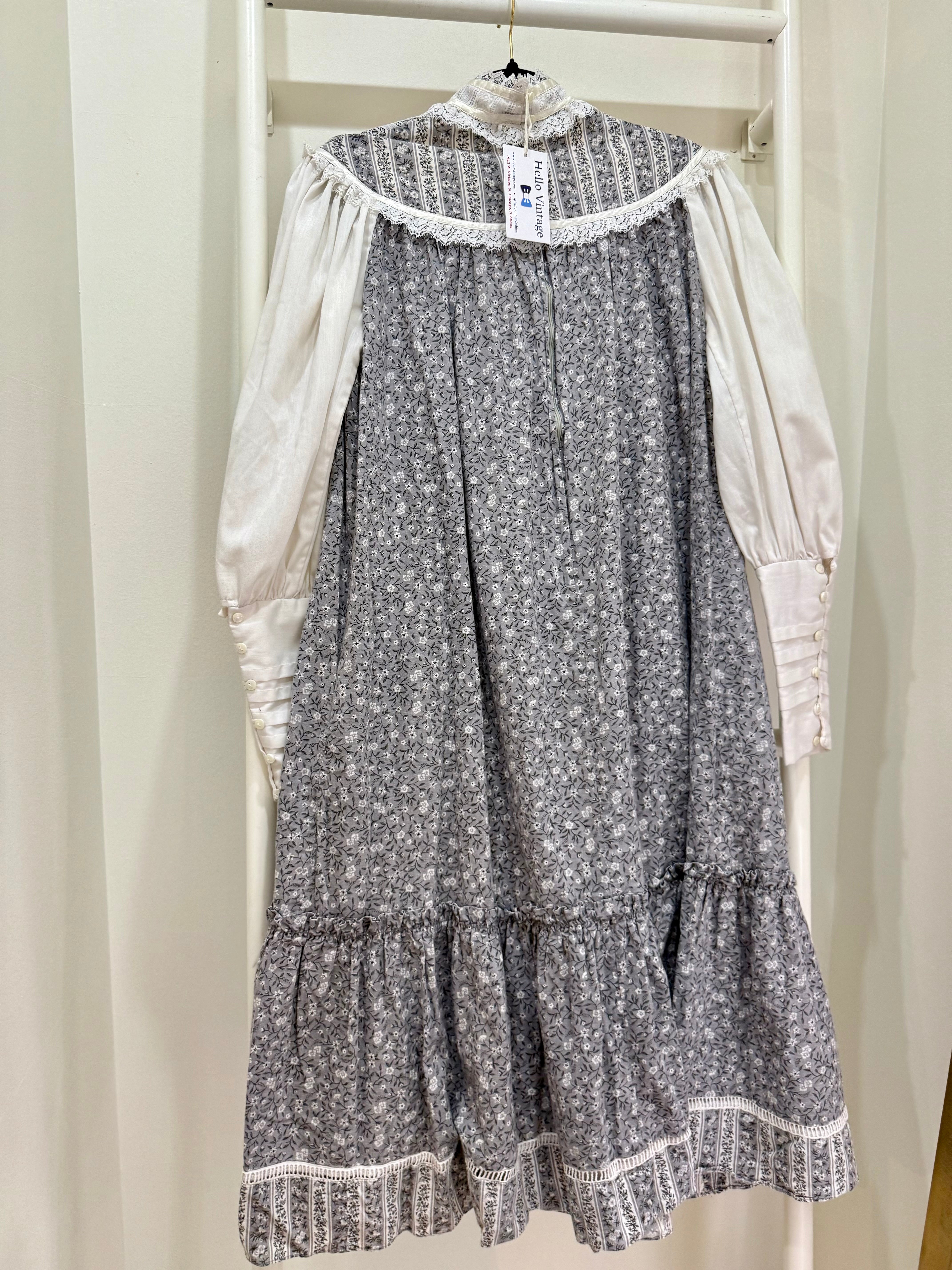 1970s Gunne Sax Gray Calico Midi Tent Dress