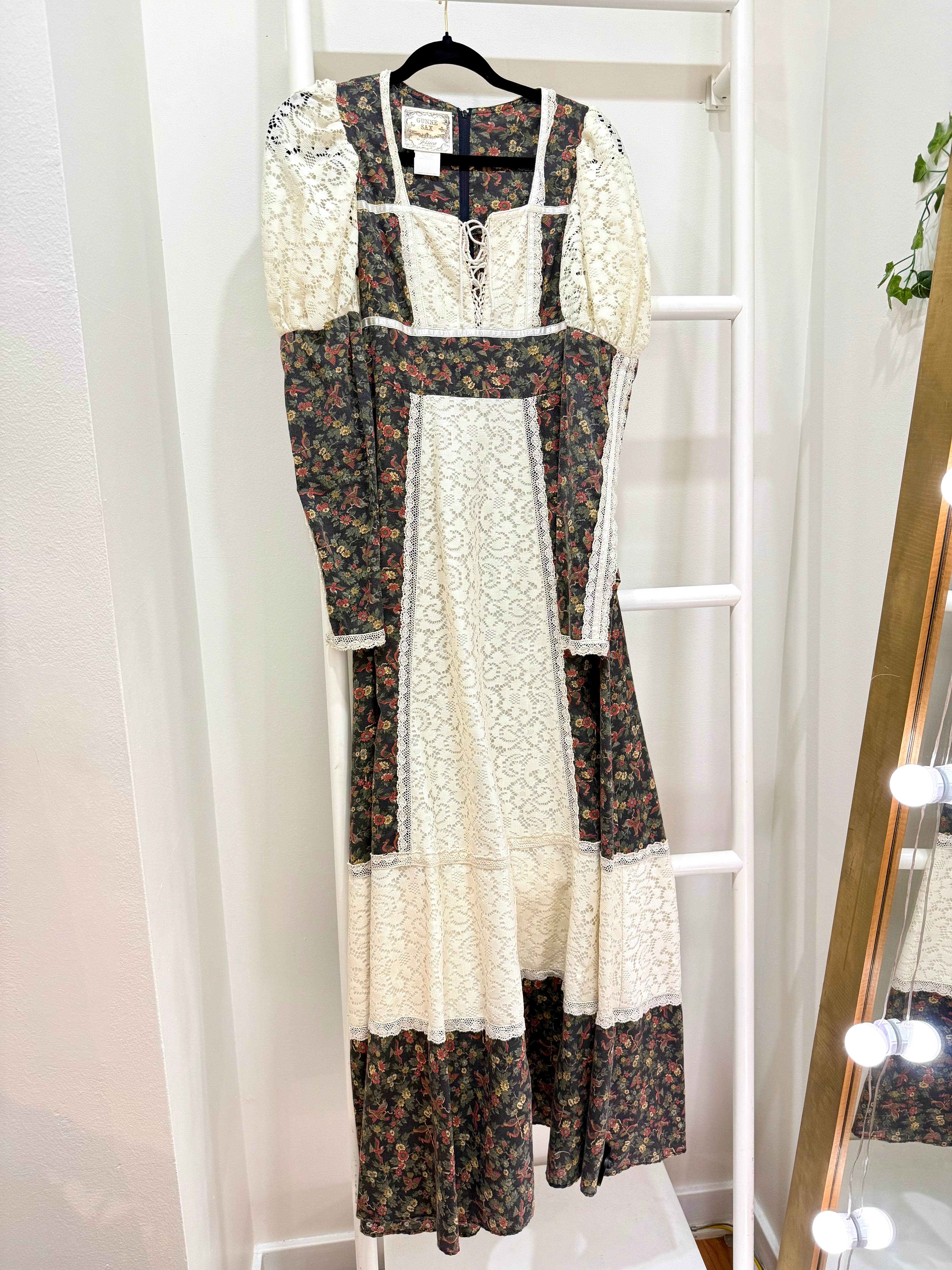 1970s Gunne Sax Bird Print Princess Maxi Dress