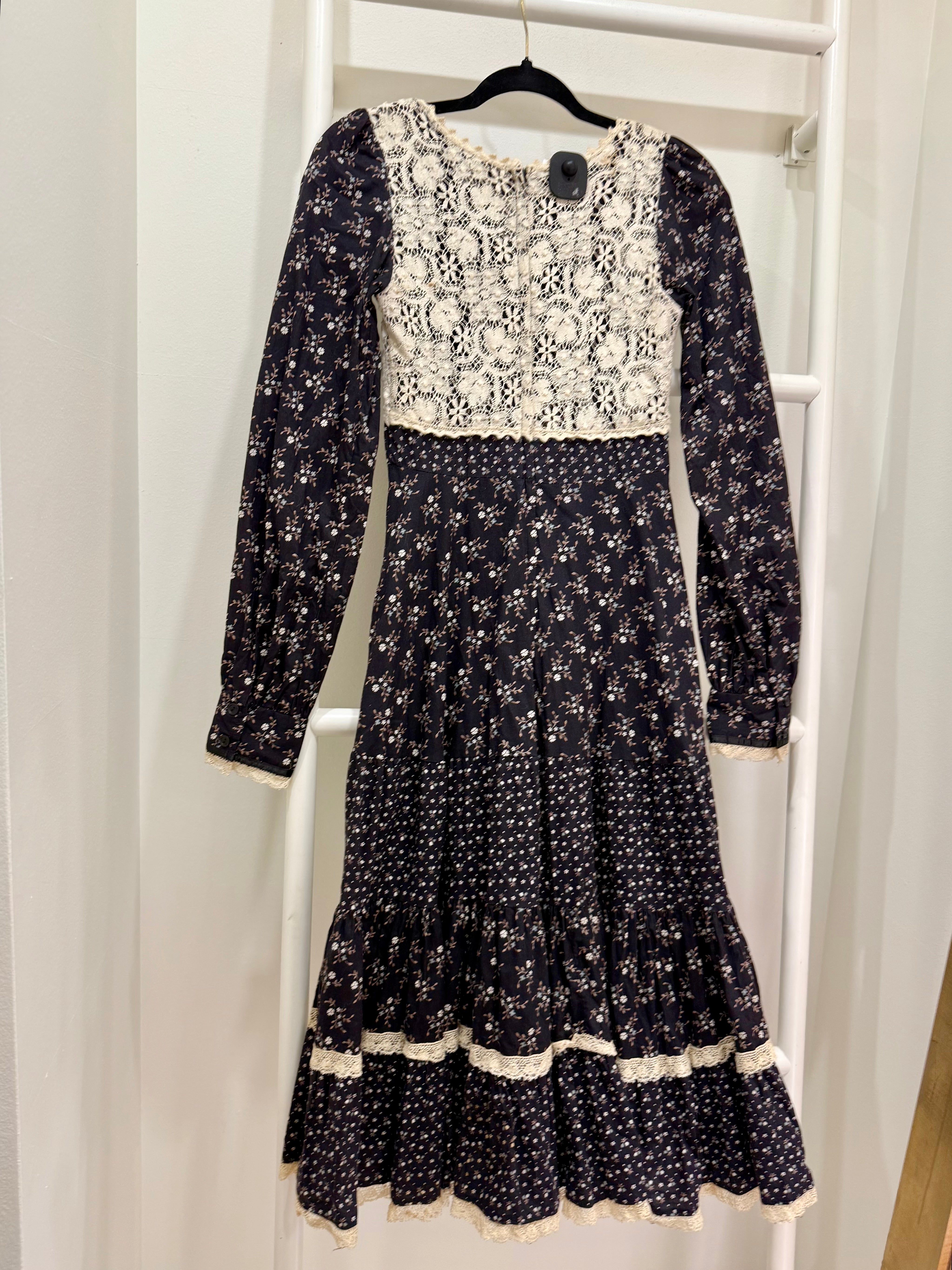 1970s Gunne Sax Black Calico & Crochet Midi Dress