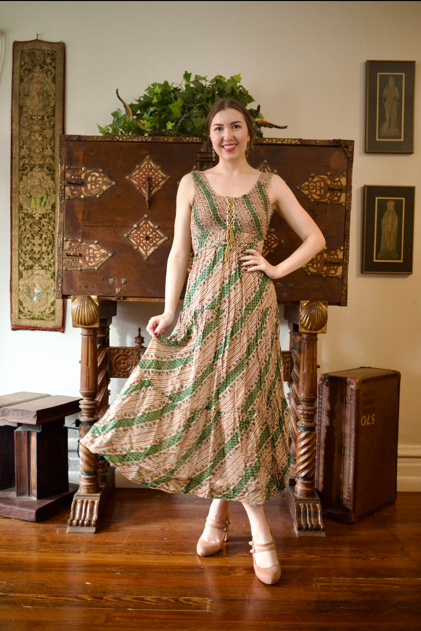 1970s Green & Red Mixed Print Maxi Sun Dress Hello Vintage 1970s Green & Red Mixed Print Maxi Sun Dress Hello Vintage