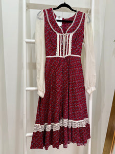 1970s Gunne Sax Red Calico Midi Dress