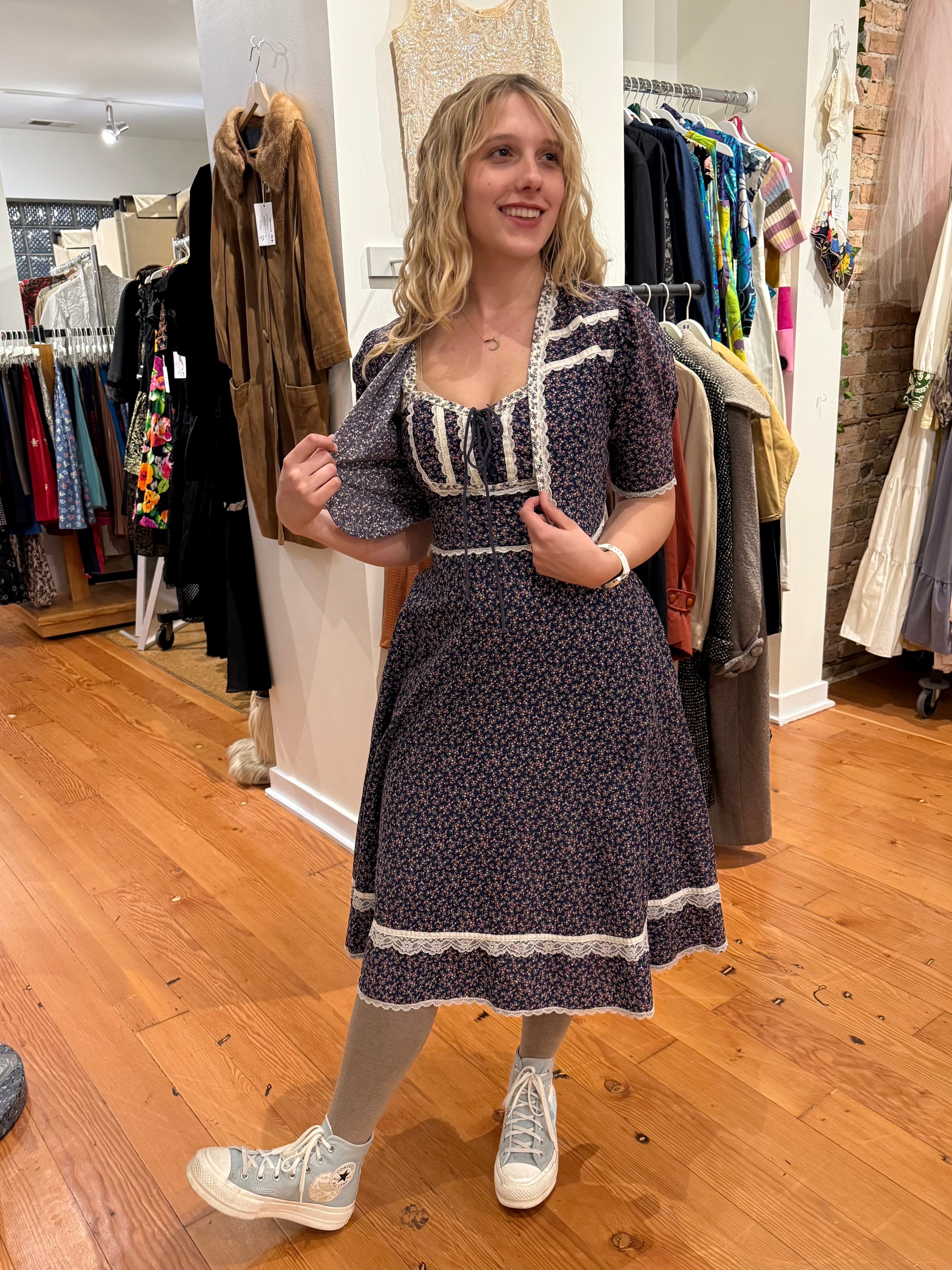 1970s Gunne Sax Navy Calico Sun Dress & Jacket Ensemble