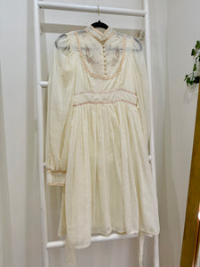1970s Gunne Sax Cream Embroidered Balloon Sleeve Midi Dress