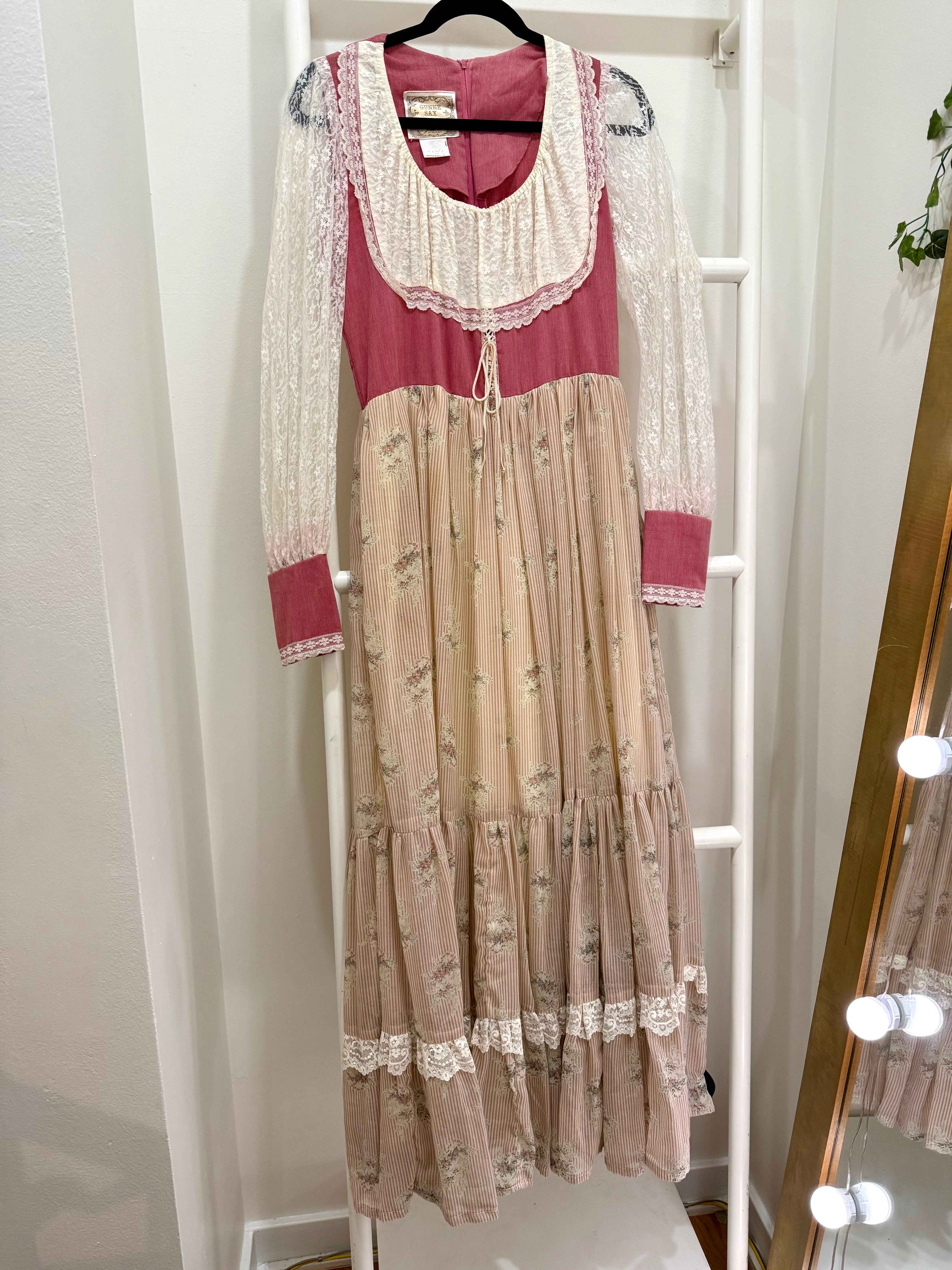 1970s Gunne Sax Pink Corduroy & Floral Maxi Dress