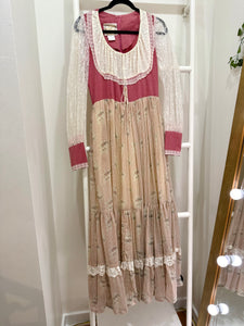 1970s Gunne Sax Pink Corduroy & Floral Maxi Dress