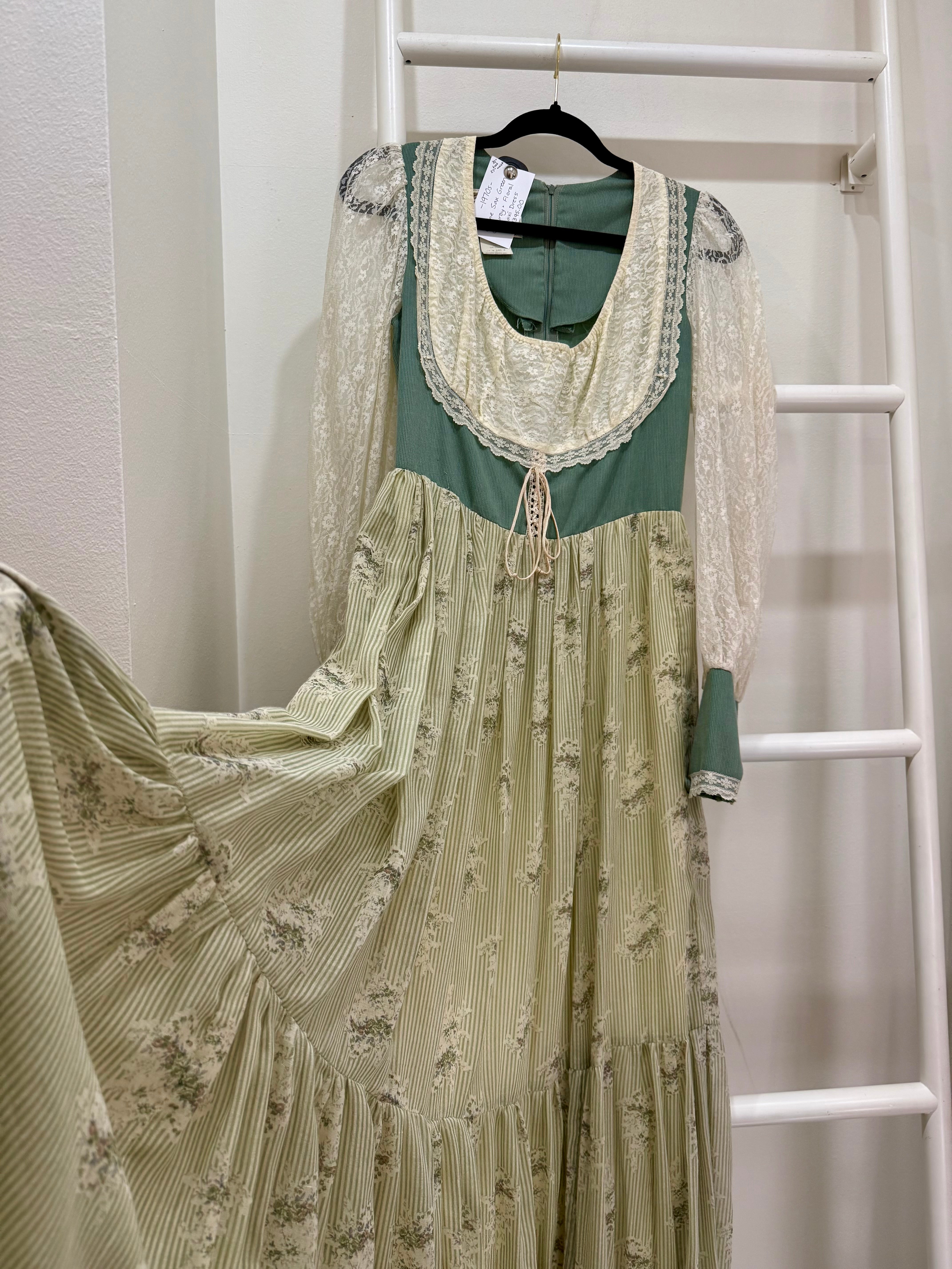 1970s Gunne Sax Green Corduroy & Floral Maxi Dress