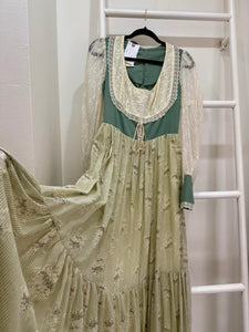 1970s Gunne Sax Green Corduroy & Floral Maxi Dress