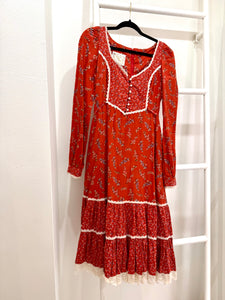 1970s Gunne Sax Red Calico Midi Dress