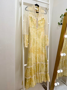 1970s Gunne Sax Yellow Floral Lace Sleeve "Love Witch" Maxi Dress
