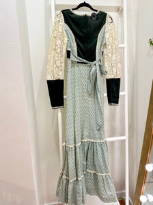 1970s Gunne Sax Green Velvet & Floral Maxi Dress