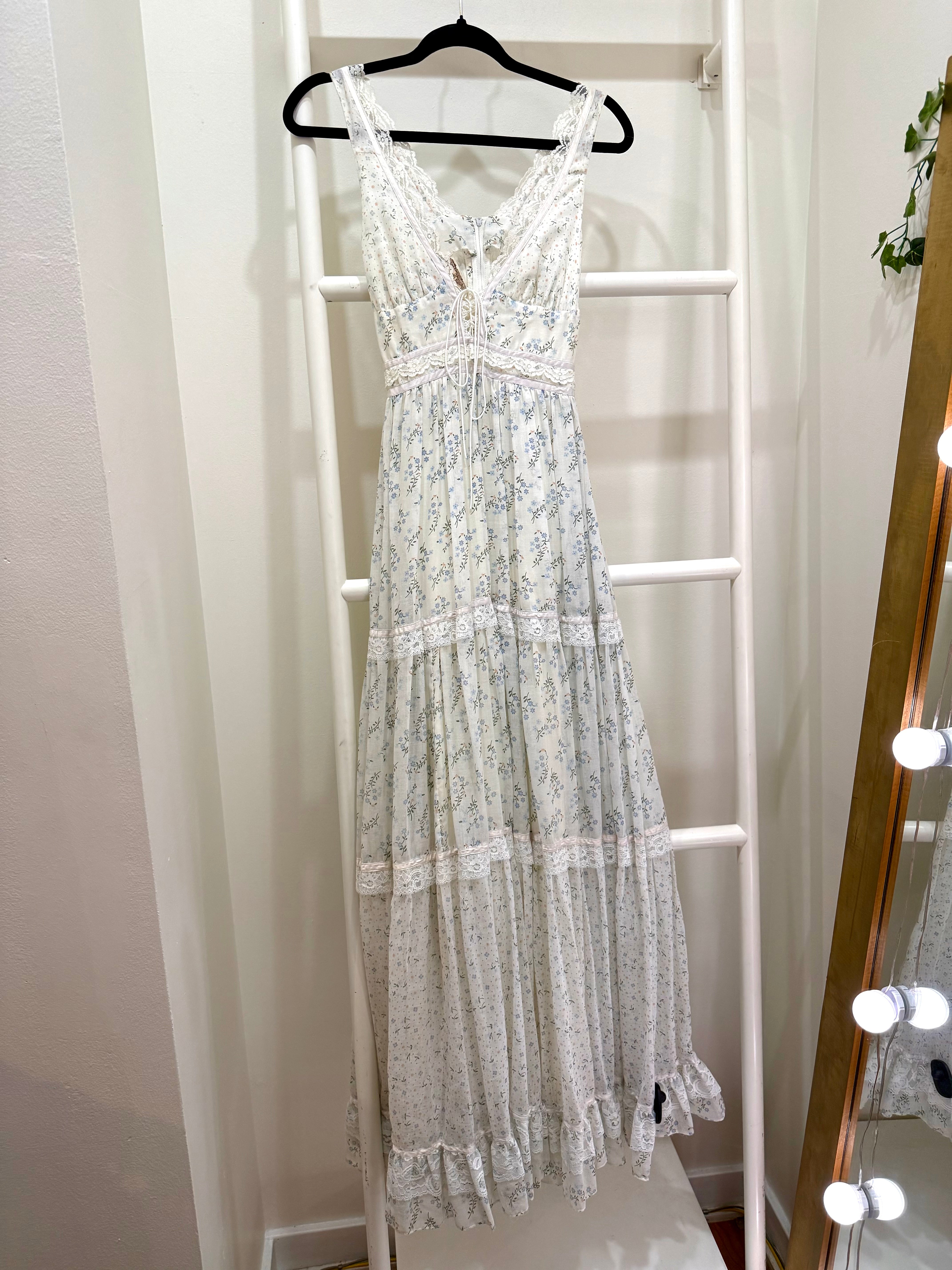1970s Gunne Sax Blue Floral Maxi Sun Dress