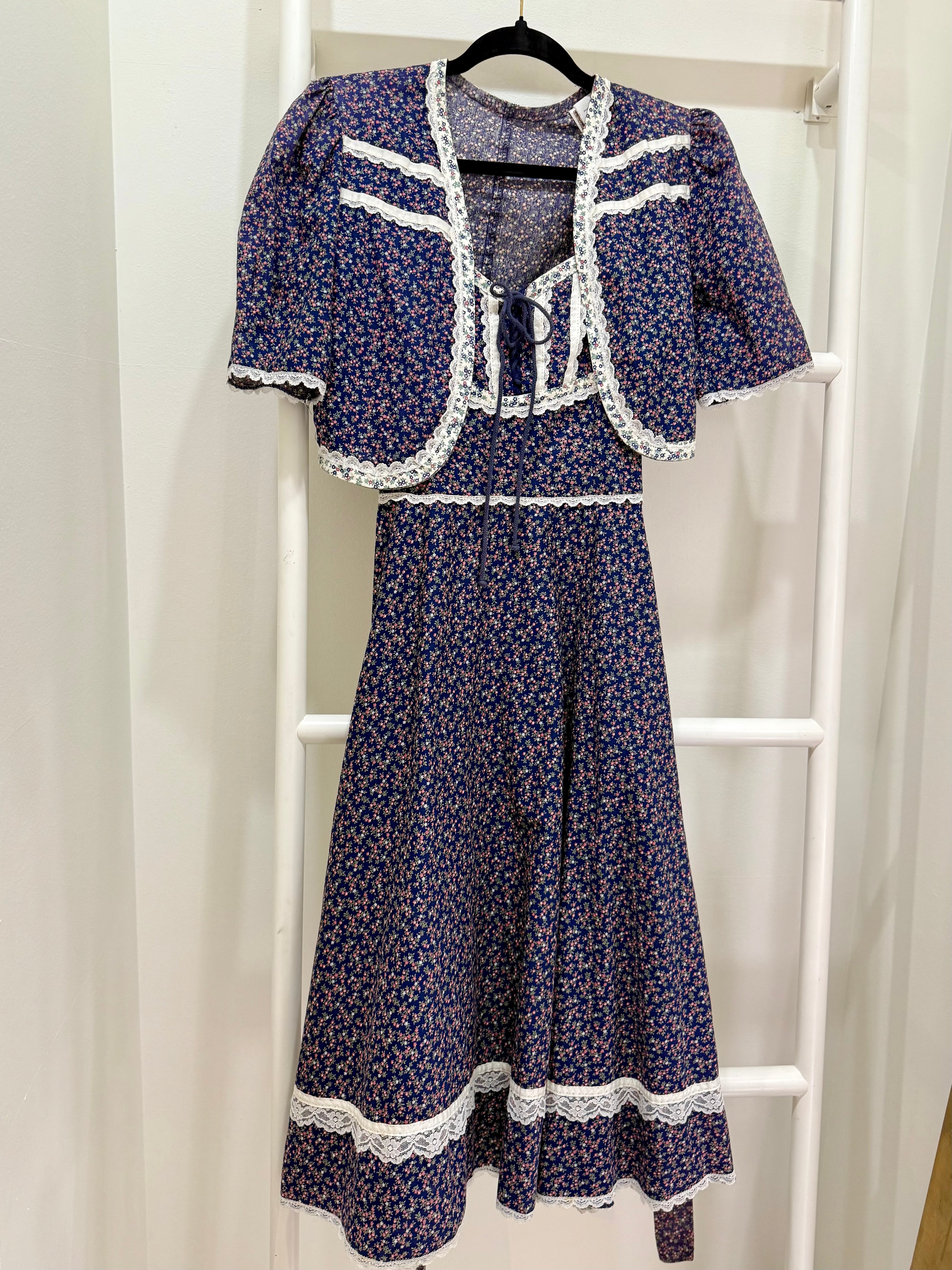 1970s Gunne Sax Navy Calico Sun Dress & Jacket Ensemble