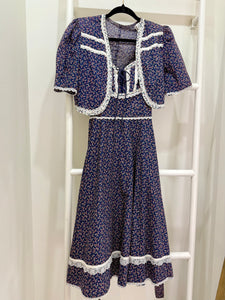 1970s Gunne Sax Navy Calico Sun Dress & Jacket Ensemble