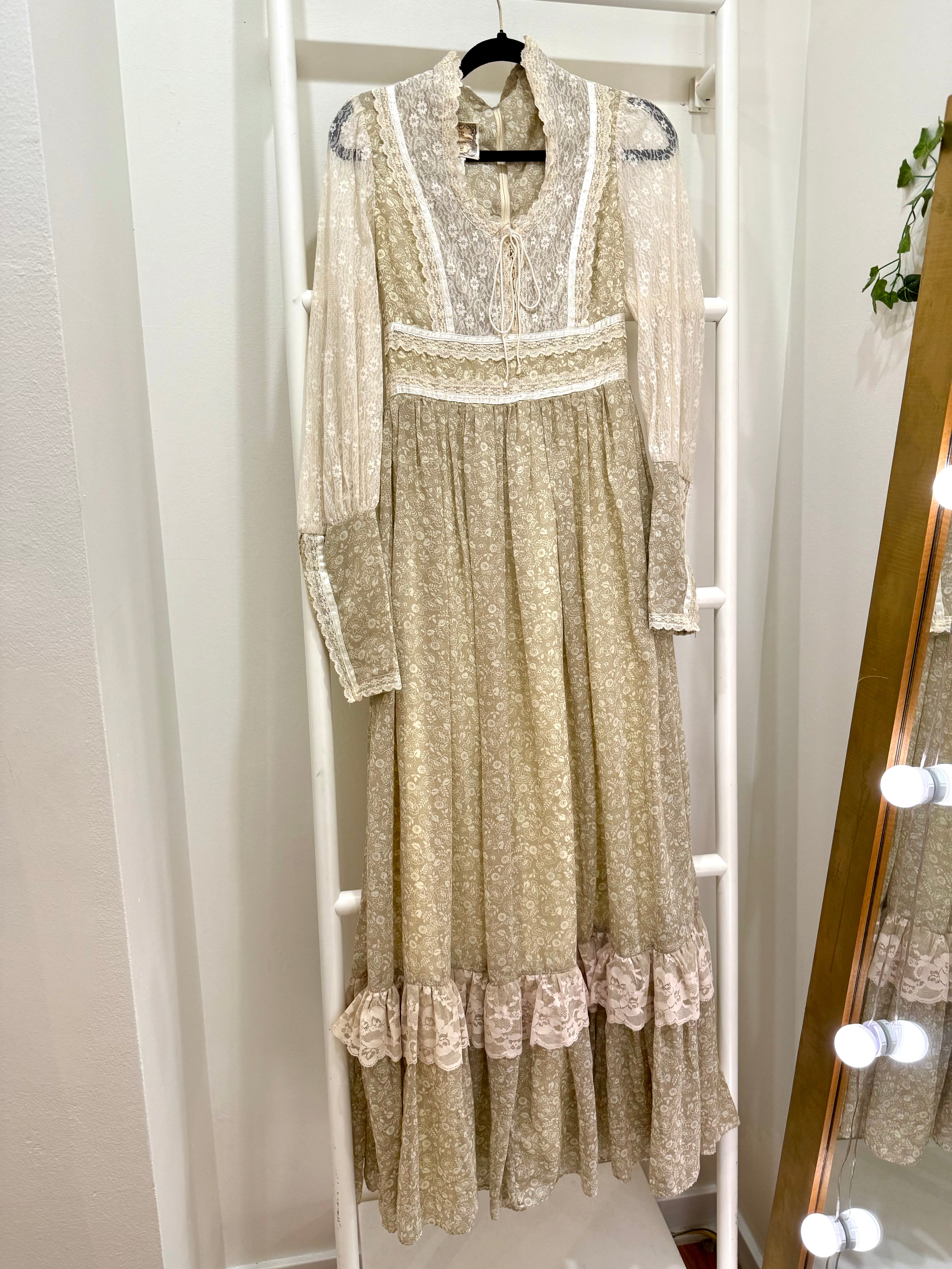 1970s Gunne Sax Sage Green Lace Sleeve Maxi Dress