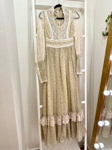1970s Gunne Sax Sage Green Lace Sleeve Maxi Dress