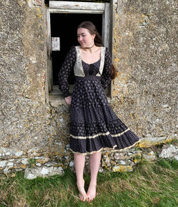 1970s Gunne Sax Black Calico & Crochet Midi Dress