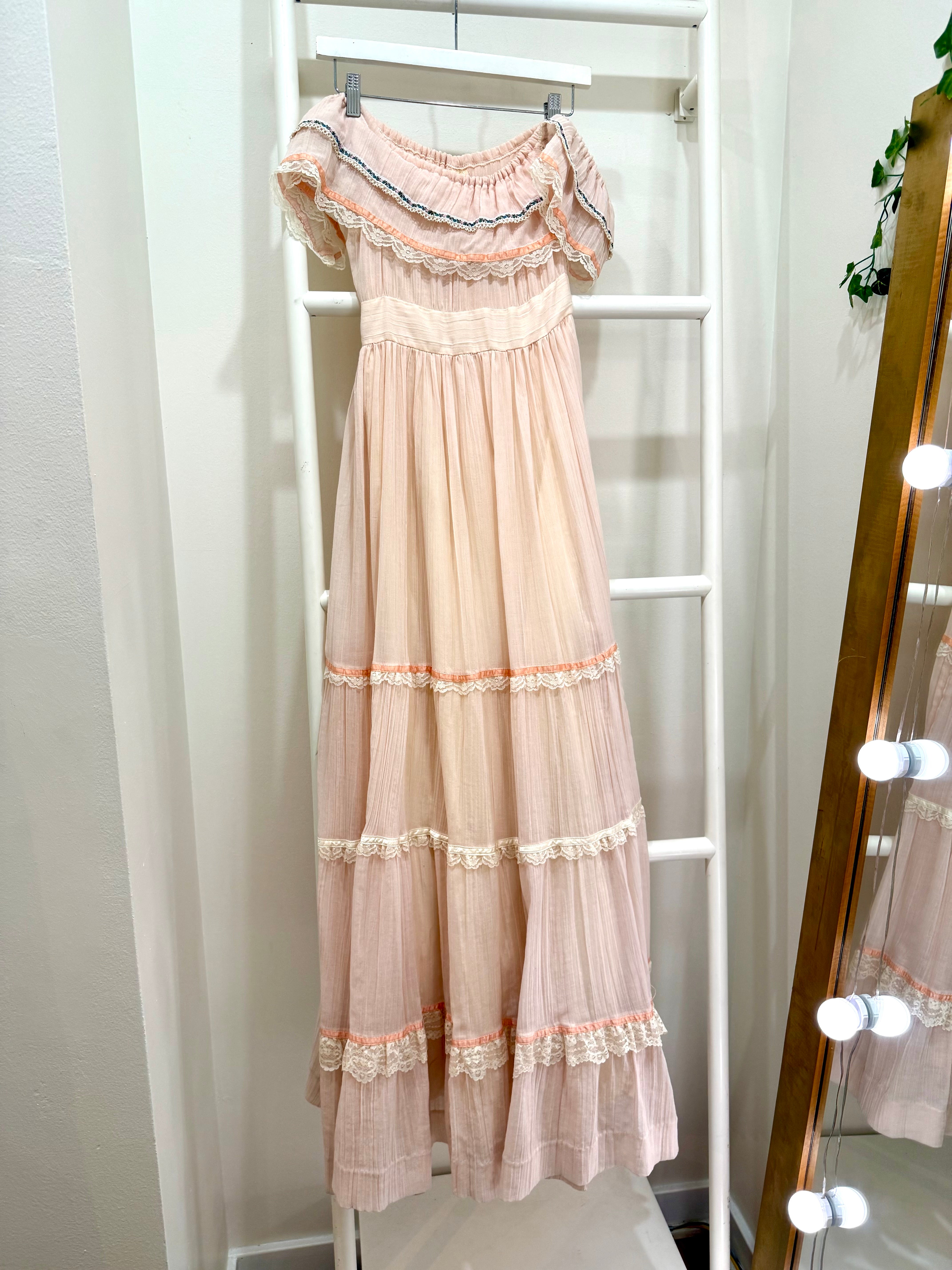 1970s Gunne Sax Peach Off-Shoulder Maxi Dress