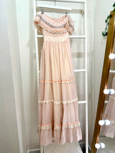 1970s Gunne Sax Peach Off-Shoulder Maxi Dress