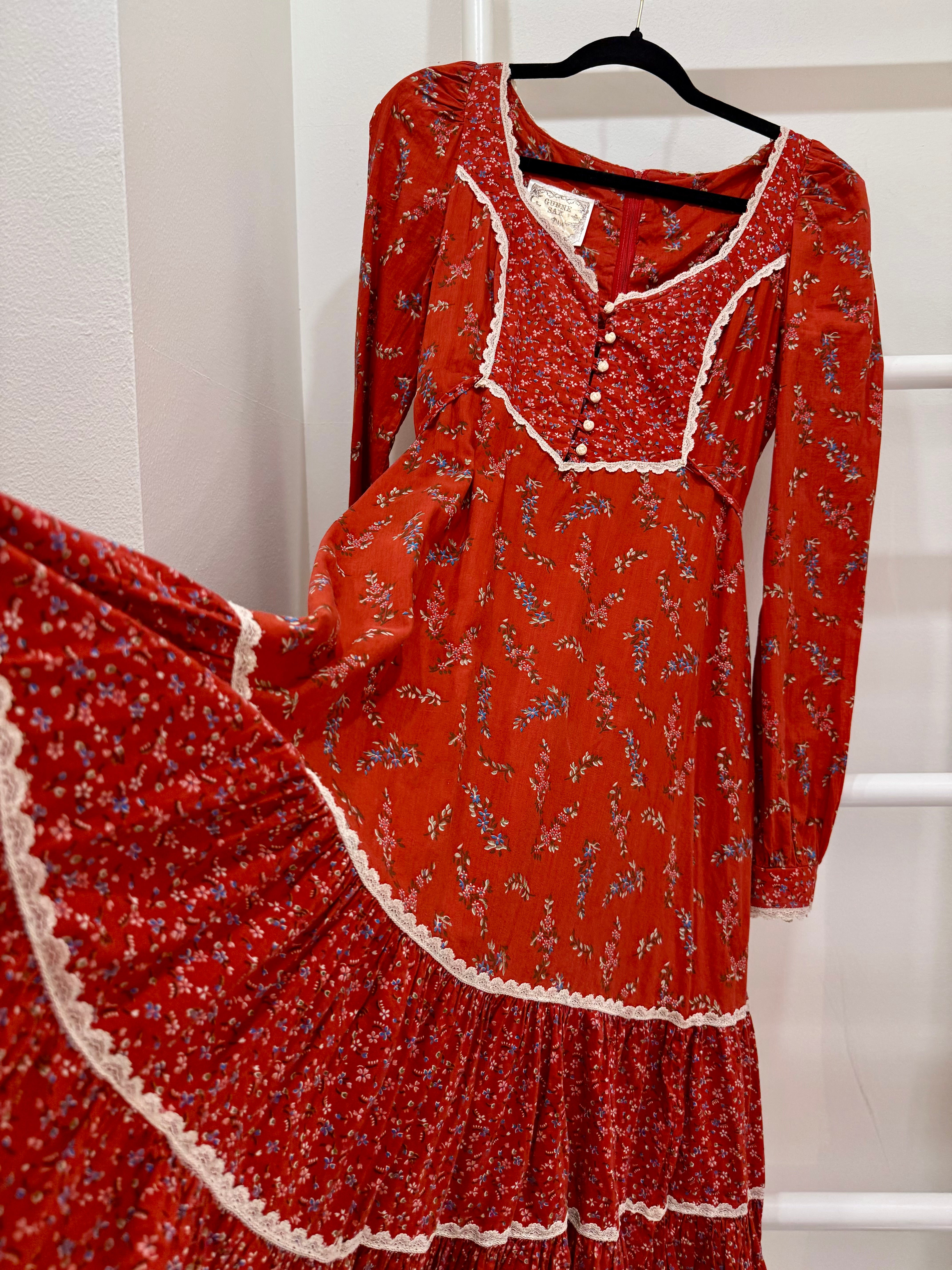1970s Gunne Sax Red Calico Midi Dress