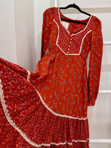1970s Gunne Sax Red Calico Midi Dress