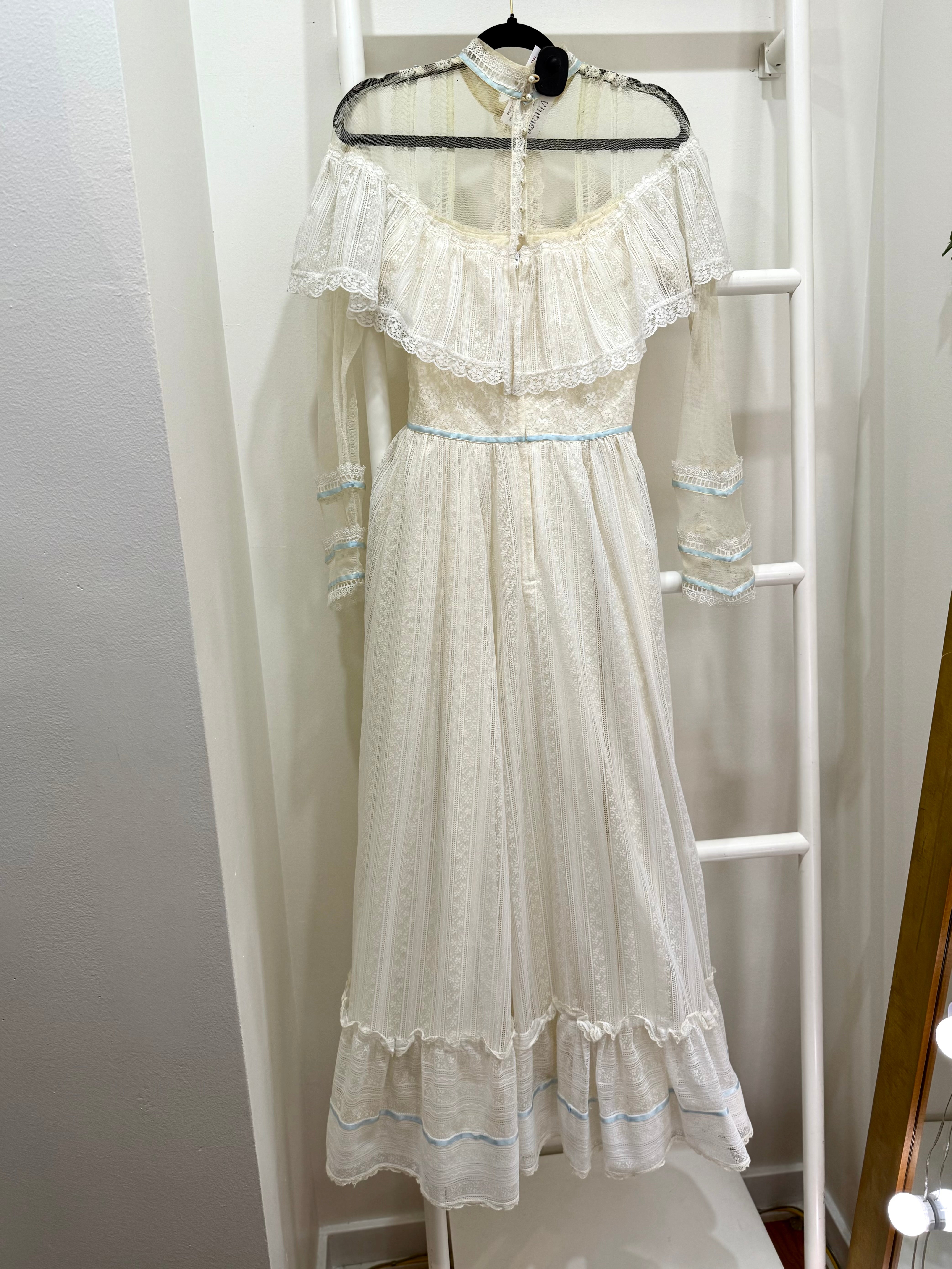 1970s Gunne Sax White Lace & Blue Ribbon Gown