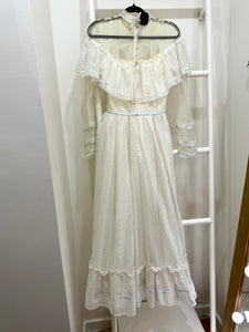 1970s Gunne Sax White Lace & Blue Ribbon Gown