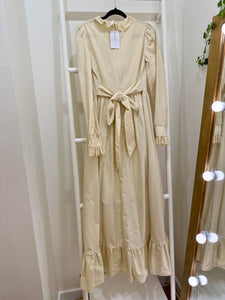 1970s Gunne Sax Cream Bicentennial Lace Apron Maxi Dress