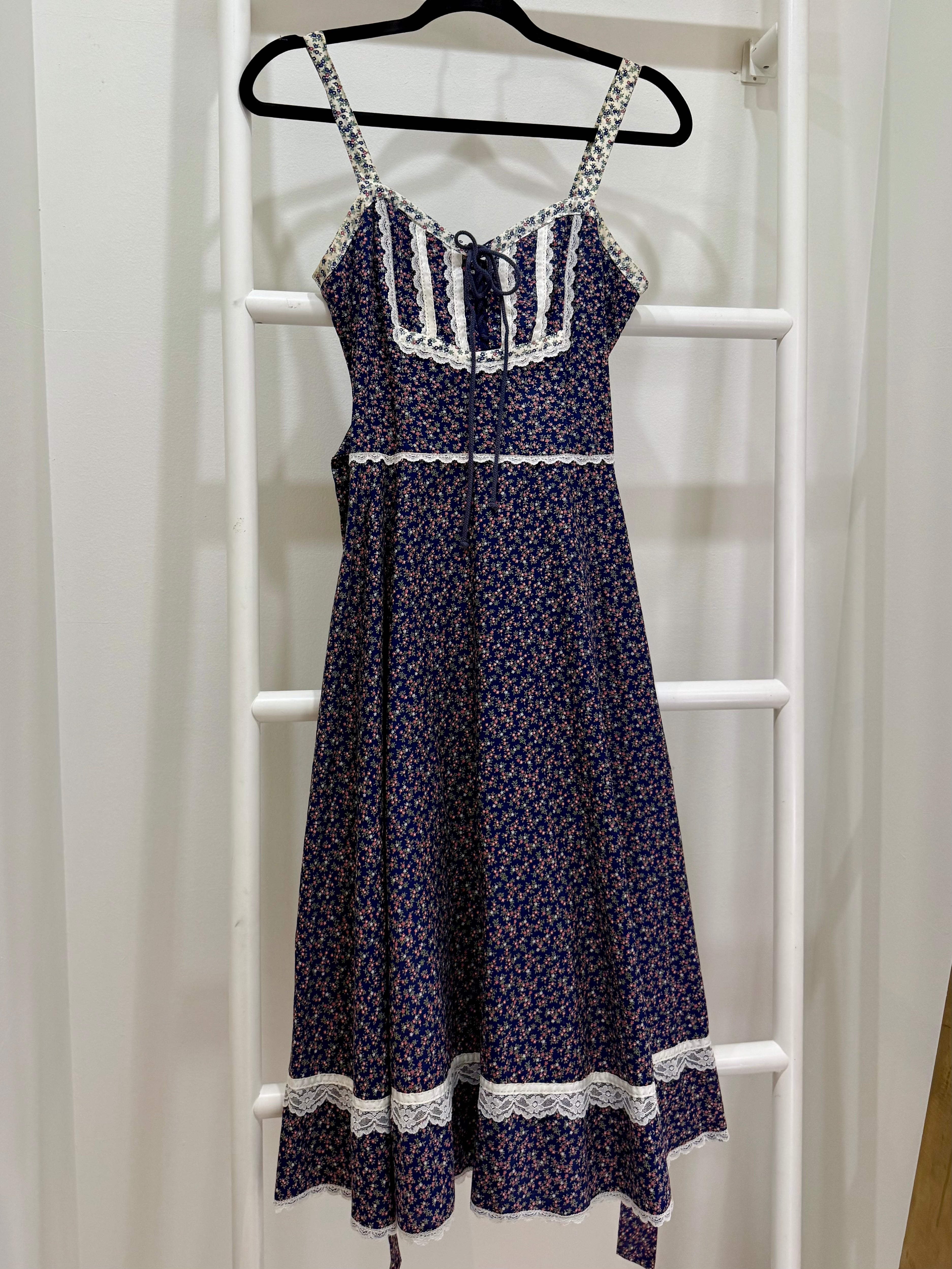 1970s Gunne Sax Navy Calico Sun Dress & Jacket Ensemble