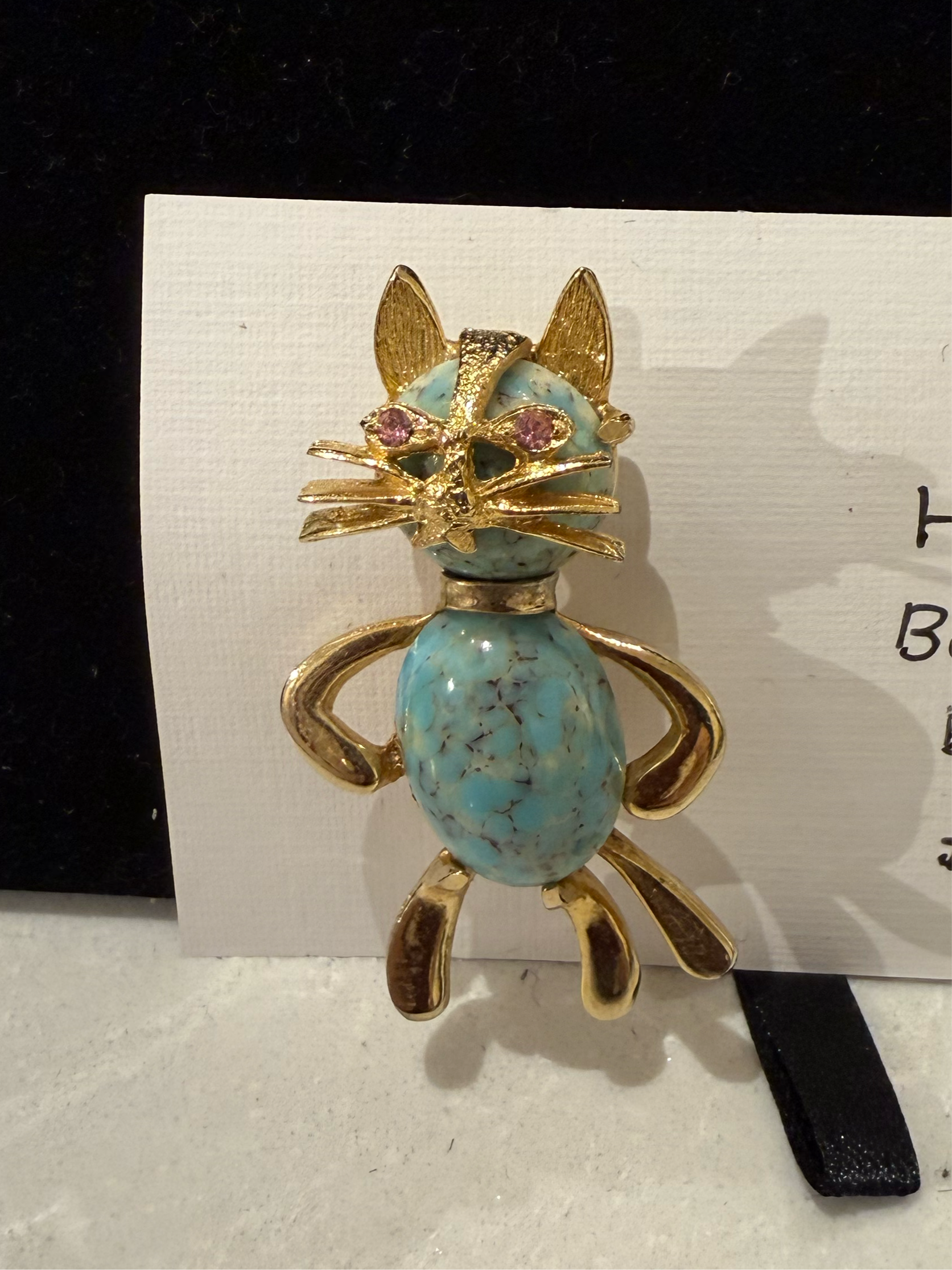 1960s Hobé Signed Blue "Jelly Belly" Cat Brooch
