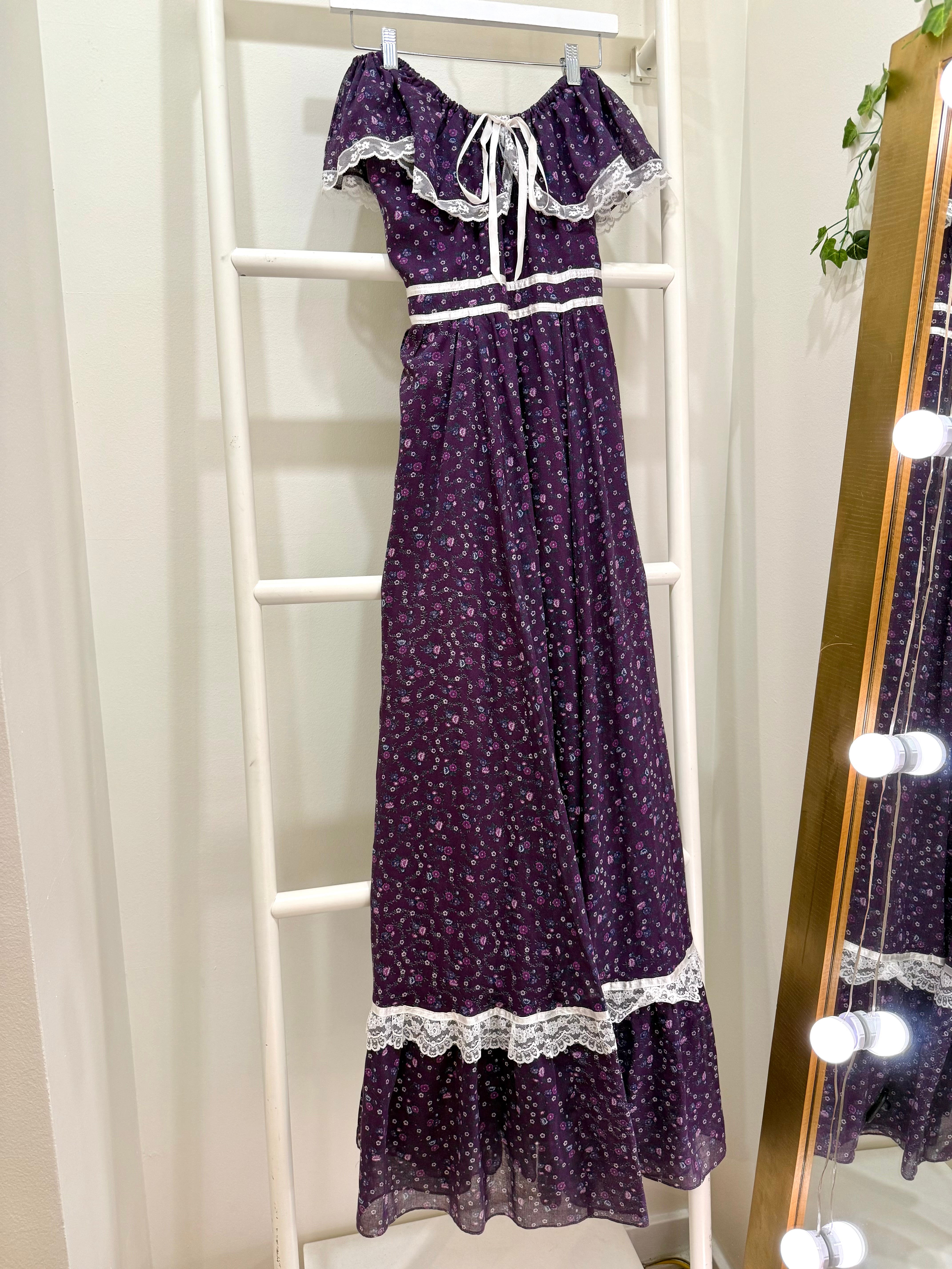 1970s Gunne Sax Purple Calico Off-Shoulder Maxi Dress