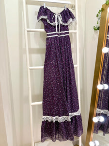 1970s Gunne Sax Purple Calico Off-Shoulder Maxi Dress