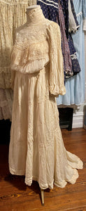 1903 Edwardian Cream Silk Ruched Lace Gown