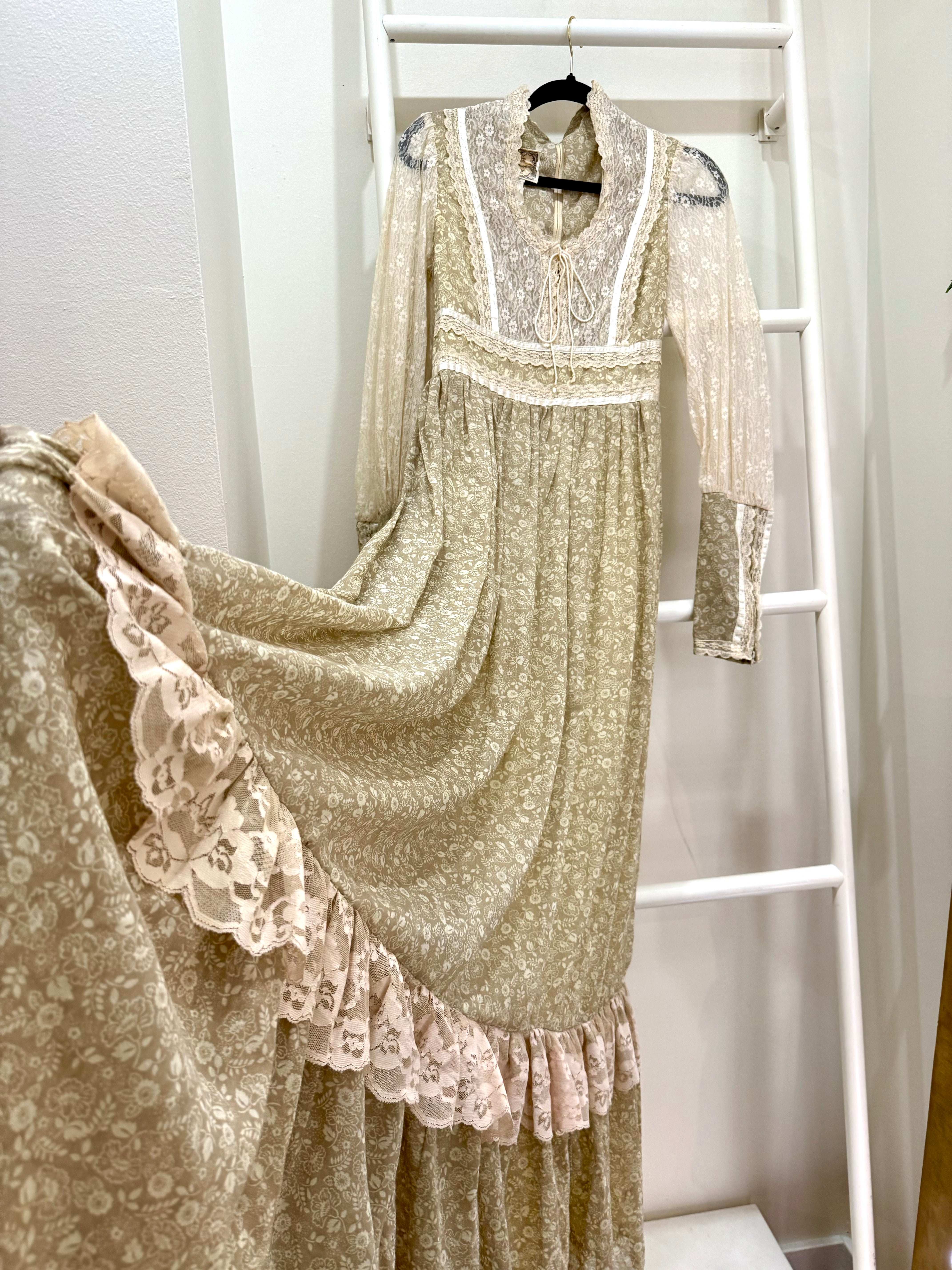 1970s Gunne Sax Sage Green Lace Sleeve Maxi Dress