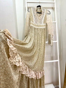 1970s Gunne Sax Sage Green Lace Sleeve Maxi Dress