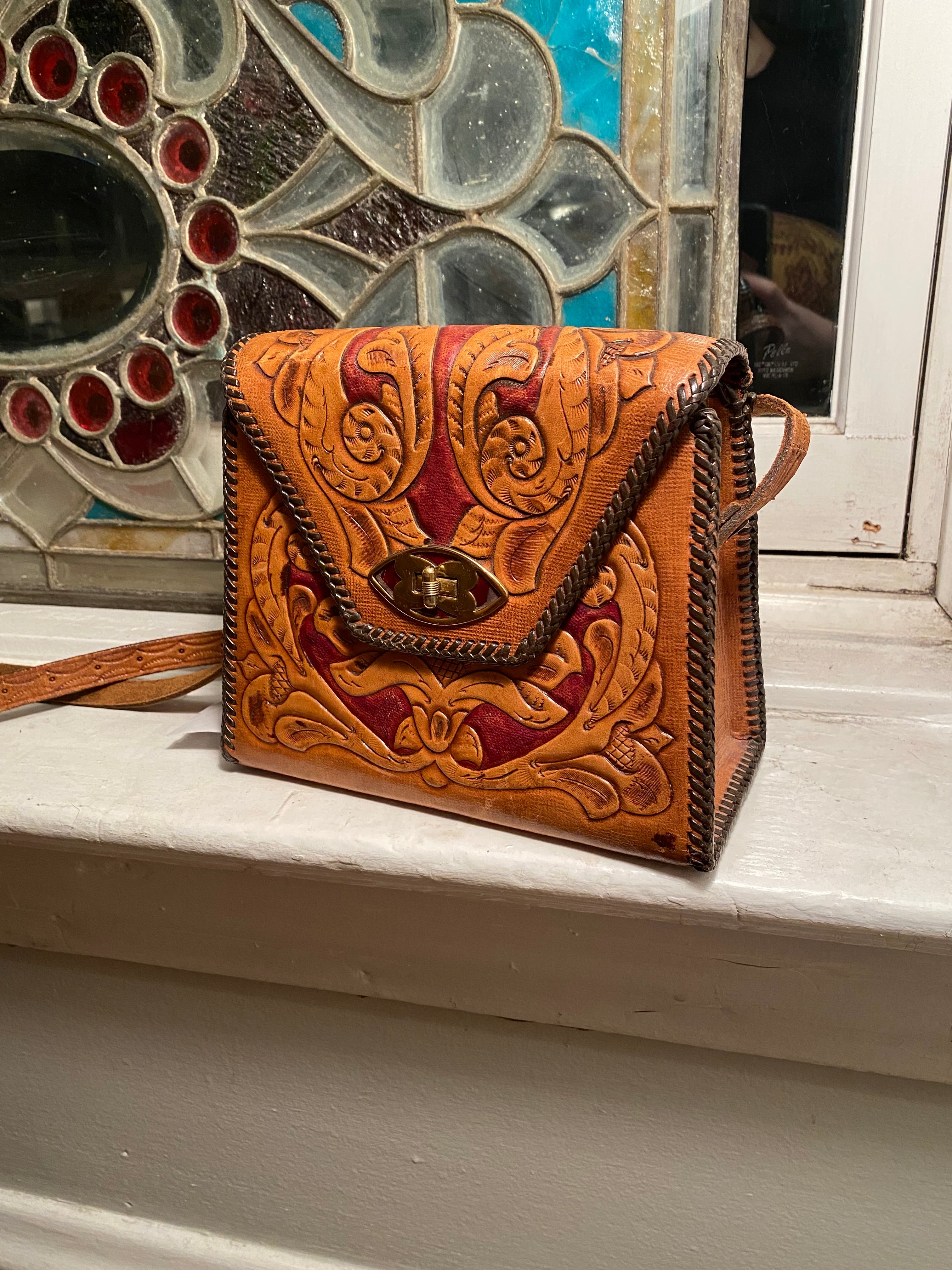 1950s Tooled Leather Crossbody Bag