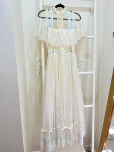 1970s Gunne Sax White Lace & Blue Ribbon Gown