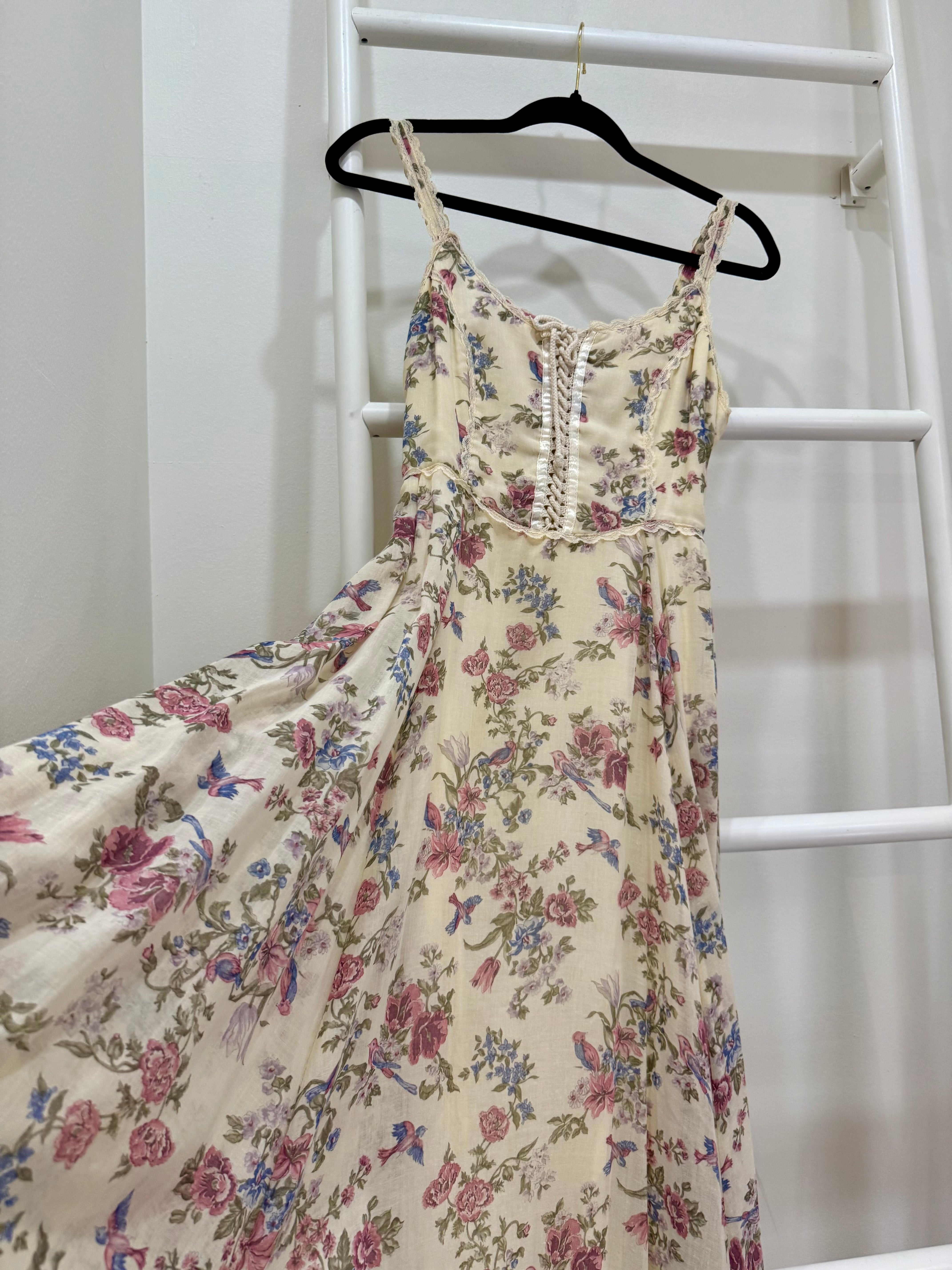 1970s Gunne Sax Bird Print Maxi Sun Dress