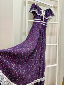 1970s Gunne Sax Purple Calico Off-Shoulder Maxi Dress