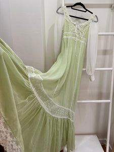 1970s Gunne Sax Green Balloon Sleeve Maxi Dress