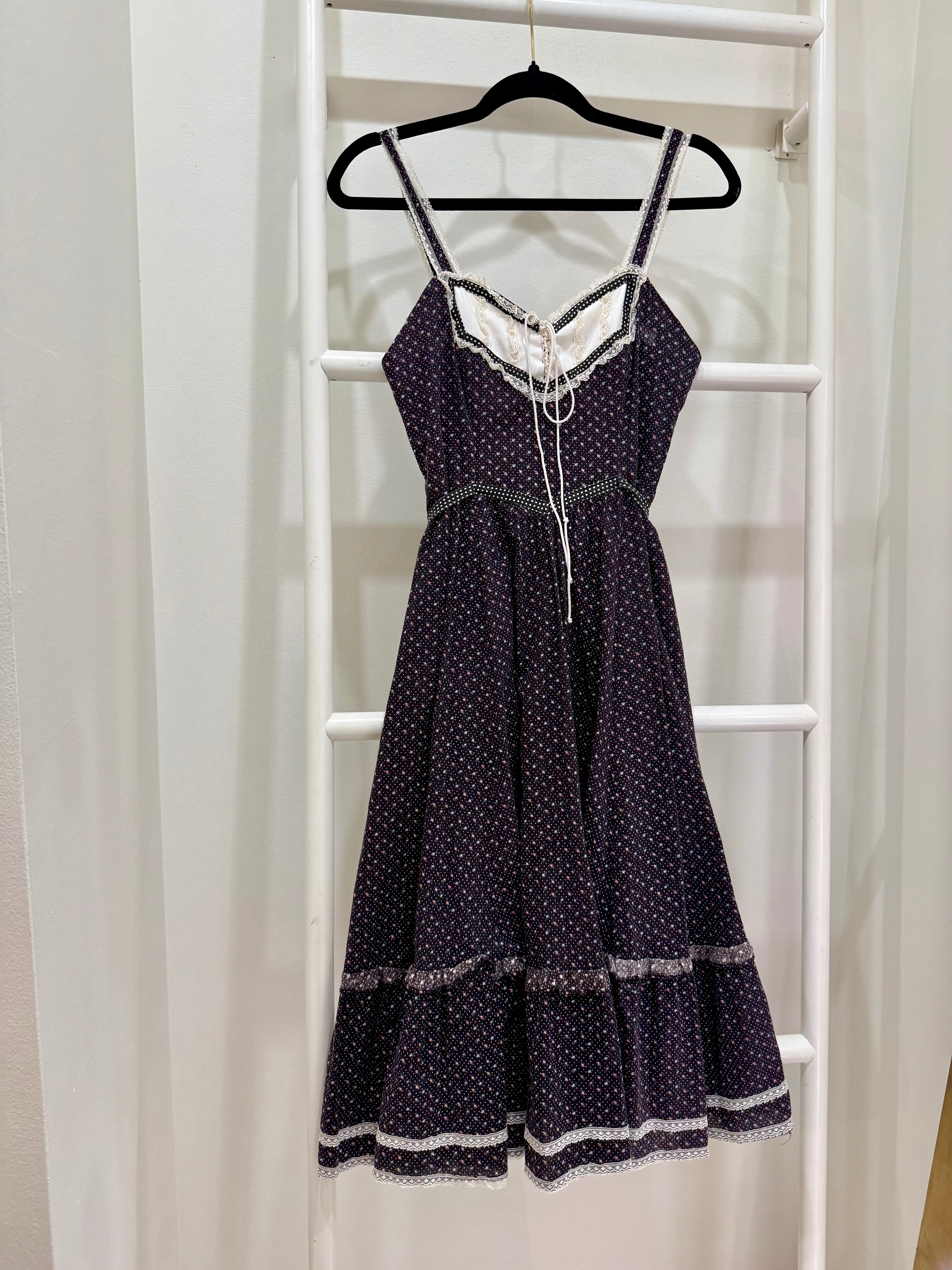 1970s Gunne Sax Black Calico Midi Sun Dress