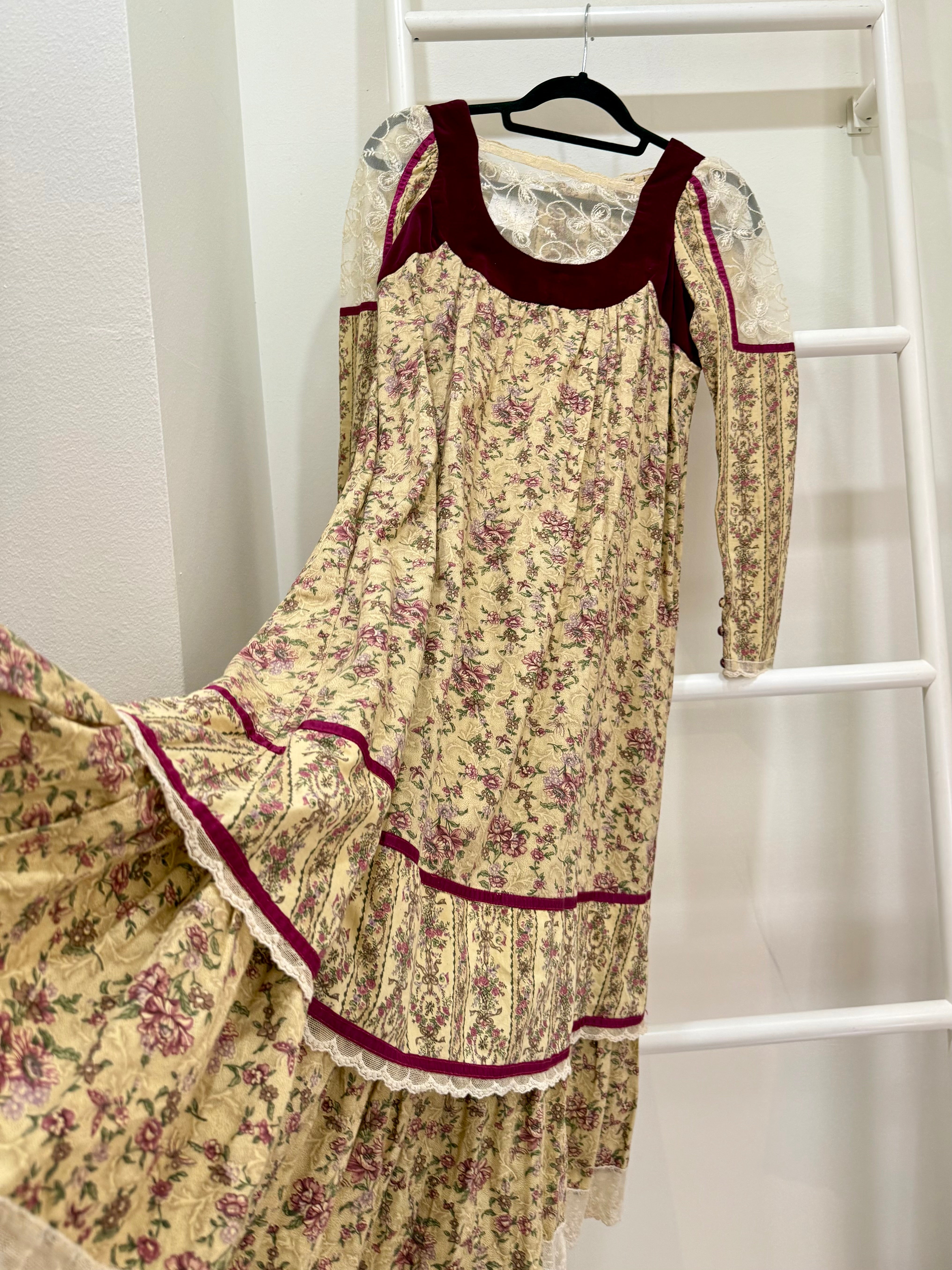 1970s Gunne Sax Crimson Velvet & Floral Pattern Sample Tent Dress