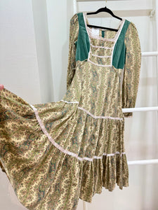 1970s Gunne Sax Green Paisley & Velvet Midi Dress