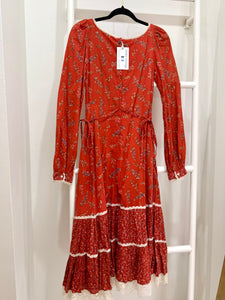 1970s Gunne Sax Red Calico Midi Dress