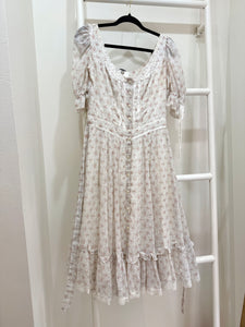 1970s Gunne Sax Pink Floral Puff Sleeve Midi Dress