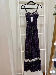 1970s Gunne Sax Black Calico Maxi Sun Dress